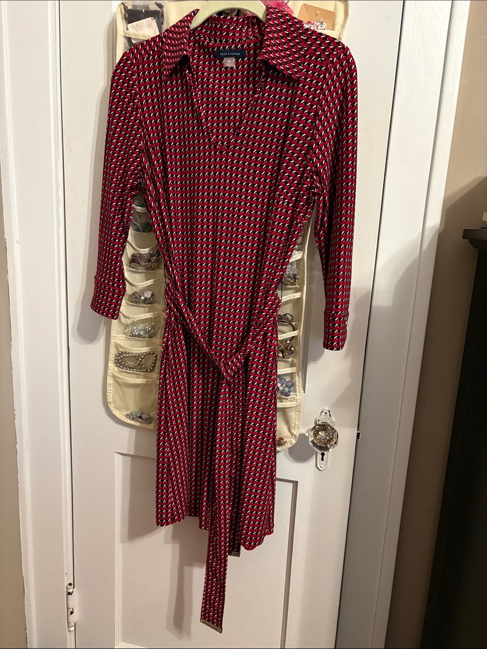Tommy Hilfiger Red and Black Geometric Long Sleeve Wrap Dress